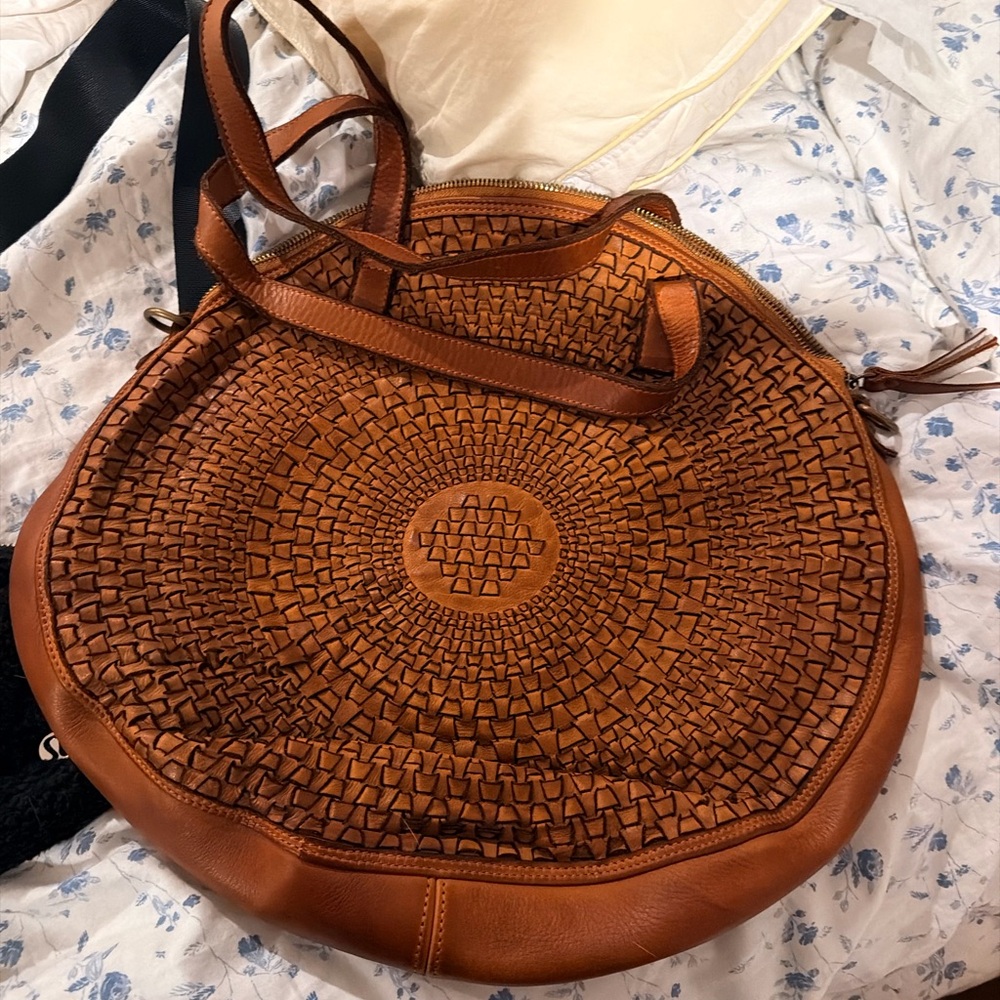 Woven Round Crossbody Bag - Cognac Brown